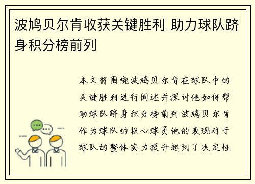 波鸠贝尔肯收获关键胜利 助力球队跻身积分榜前列