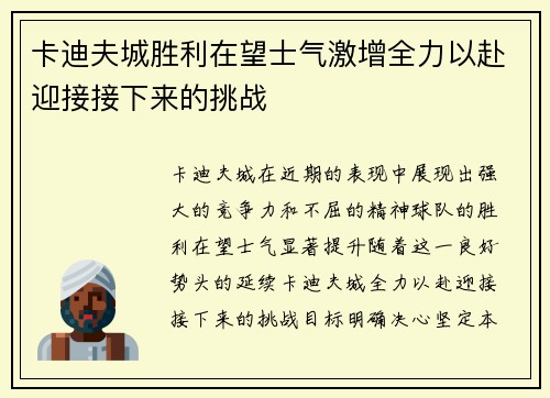 卡迪夫城胜利在望士气激增全力以赴迎接接下来的挑战