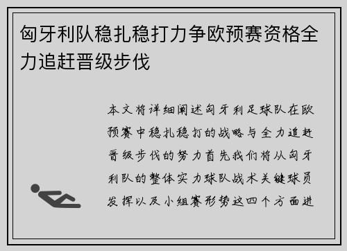 匈牙利队稳扎稳打力争欧预赛资格全力追赶晋级步伐