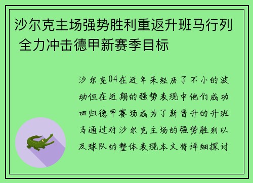 沙尔克主场强势胜利重返升班马行列 全力冲击德甲新赛季目标